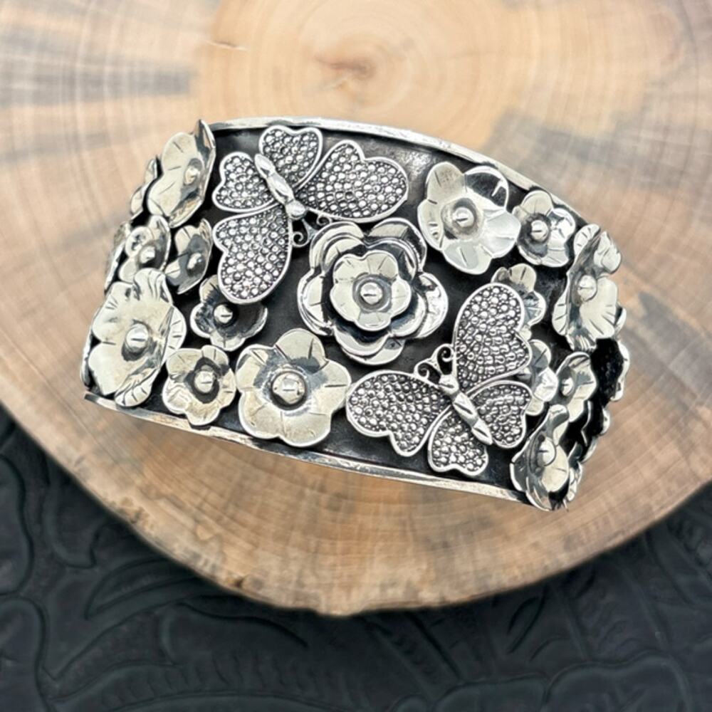 THE BOYZ SILVER Mexico Sterling Silver Cuff Bracelet 3-D Butterflies & Flowers